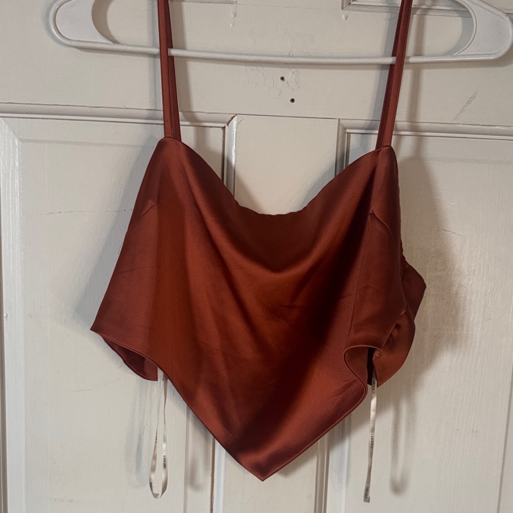 Satin Smocked Handkerchief Hem Cami in Rust
